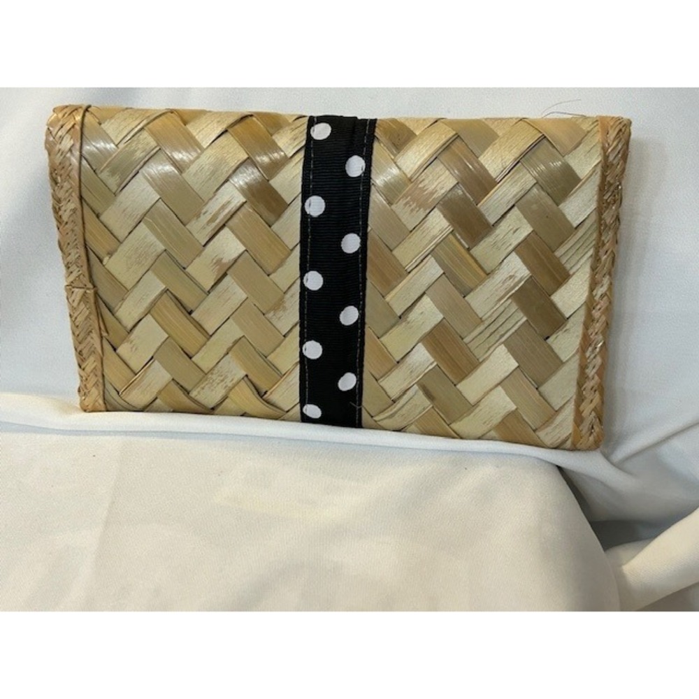 Vintage Depre Bahamas Straw Woven Clutch Black Polka Dot Bow Envelope Style - Picture 2 of 14